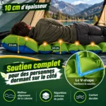 Matelas gonflable camping 1 personne de 10 cm d’épaisseur avec oreiller intégré