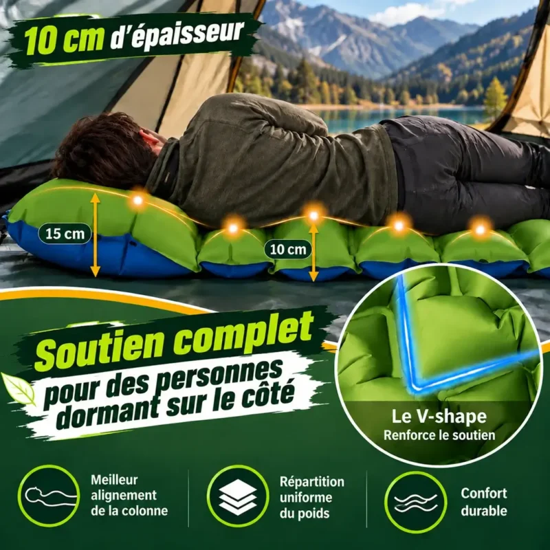 Matelas gonflable camping 1 personne de 10 cm d’épaisseur avec oreiller intégré