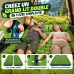 Deux matelas gonflables connectables par boutons latéraux pour créer un couchage double