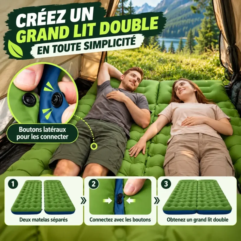 Deux matelas gonflables connectables par boutons latéraux pour créer un couchage double