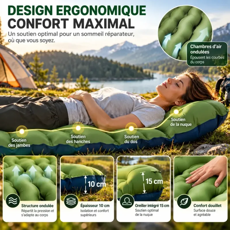 Matelas gonflable camping avec oreiller intégré de 15 cm et épaisseur de 10 cm
