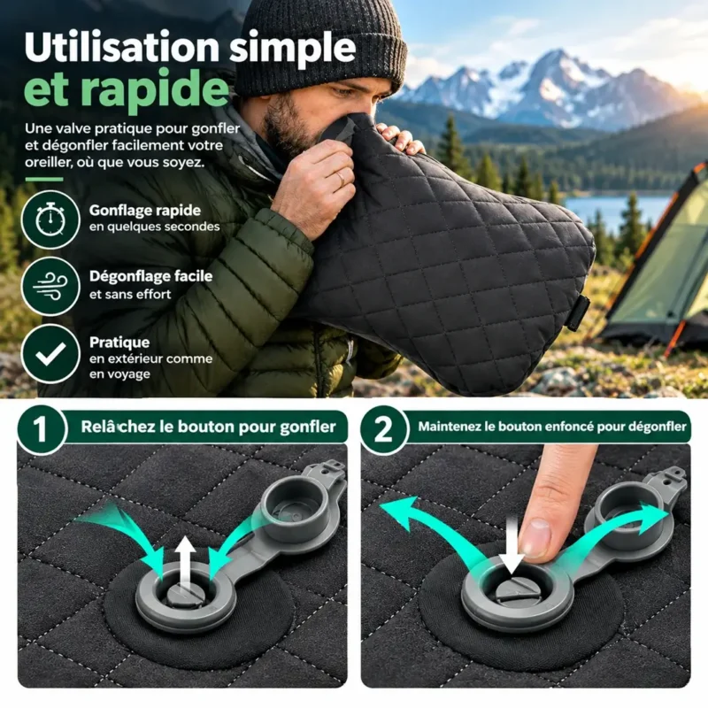 Oreiller gonflable de camping Gonflage et dégonflage faciles