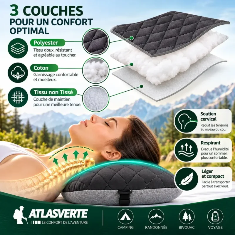 Oreiller randonnee confort cervical 3 couches
