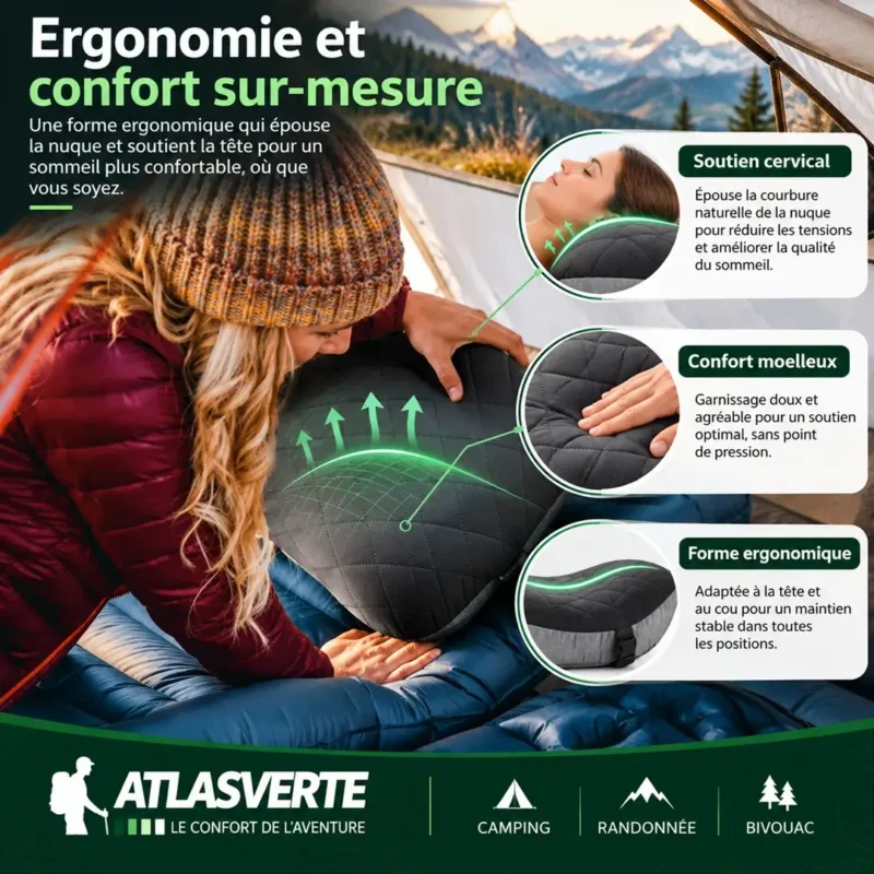 Confort ergonomique d’un oreiller de randonnée avec soutien de la nuque