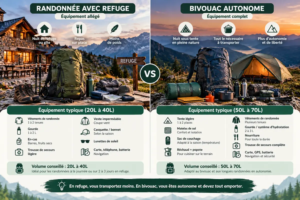 Différence de matériel entre une randonnée en refuge et un bivouac autonome