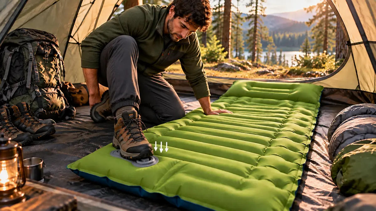 Randonneur gonflant un matelas de camping avec une pompe à pied intégrée
