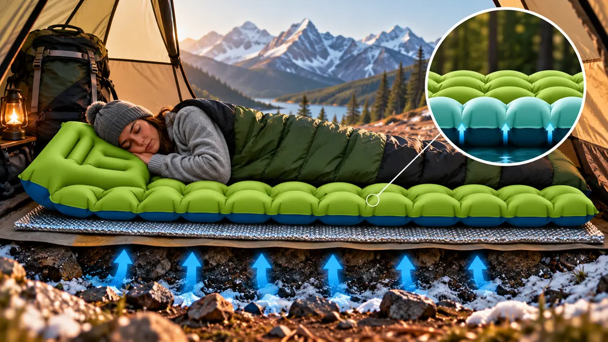 Matelas gonflable installé sur une couche isolante pour limiter le froid venant du sol