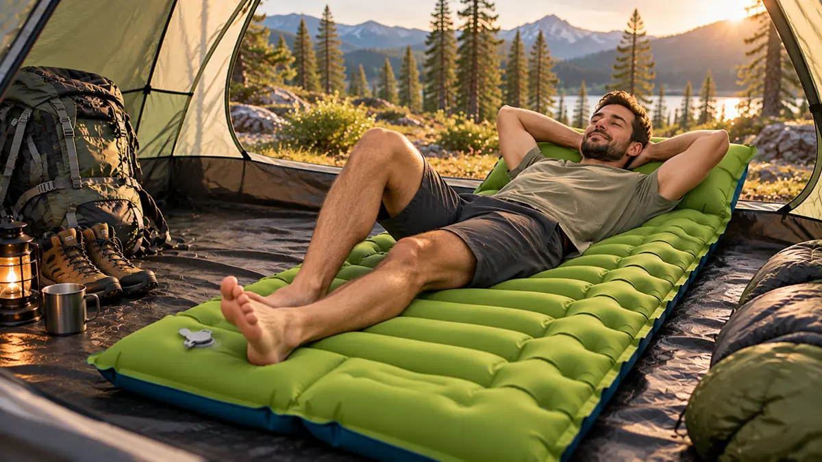 Matelas gonflable 1 personne installé dans une tente de camping en montagne