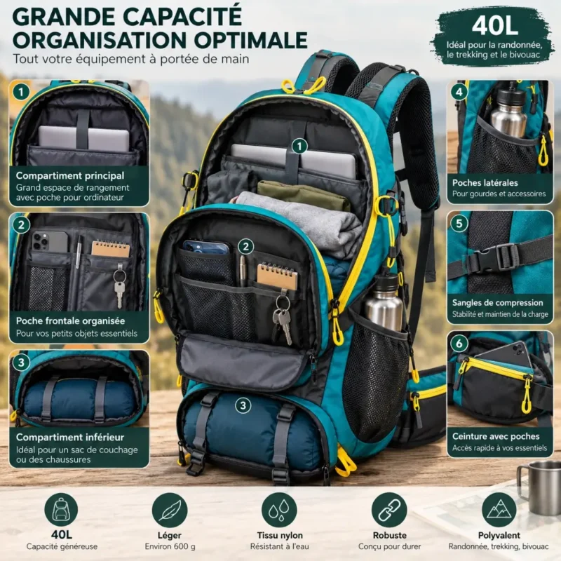 Compartiments et rangements du sac à dos randonnée 40L