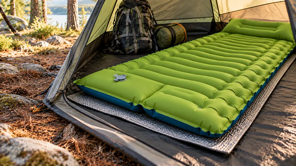 Matelas gonflable installé sur un tapis de protection au-dessus du sol de la tente