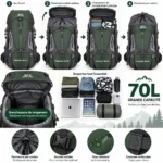 Espace intérieur du sac à dos randonnée homme 70L