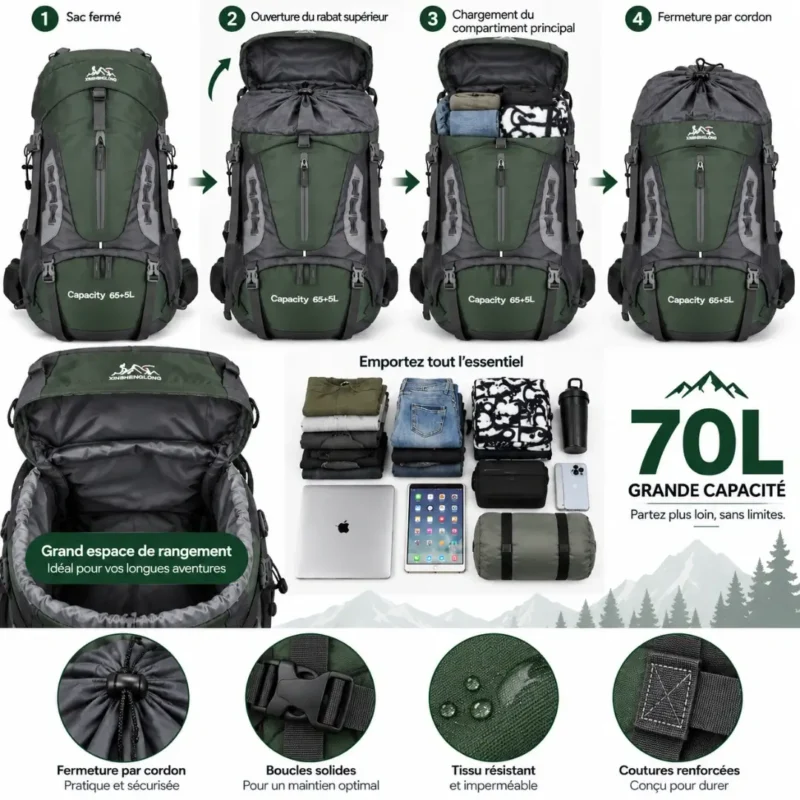 Espace intérieur du sac à dos randonnée homme 70L