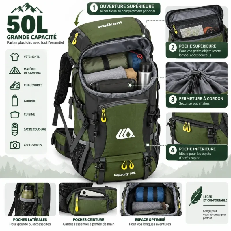Rangements du sac à dos randonnée 50L