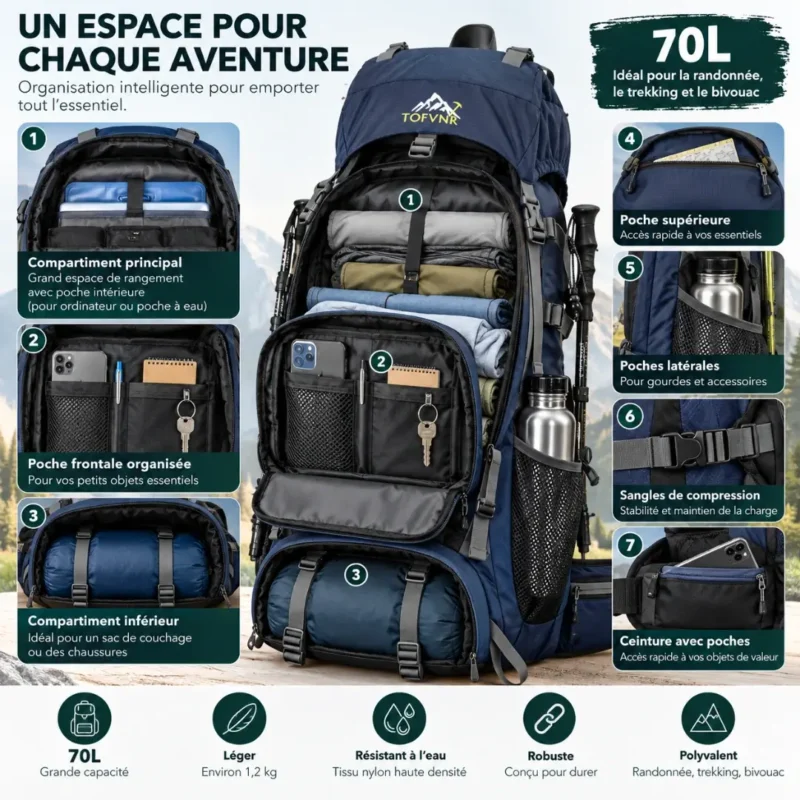 Sac à dos randonnée 70L grande capacité