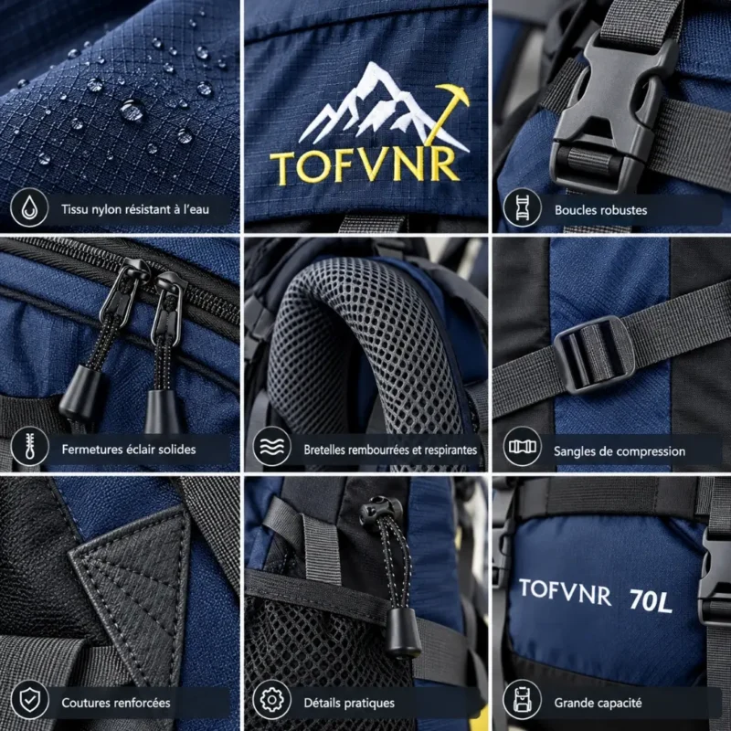 Nylon Ripstop et finitions du sac à dos randonnée 70L