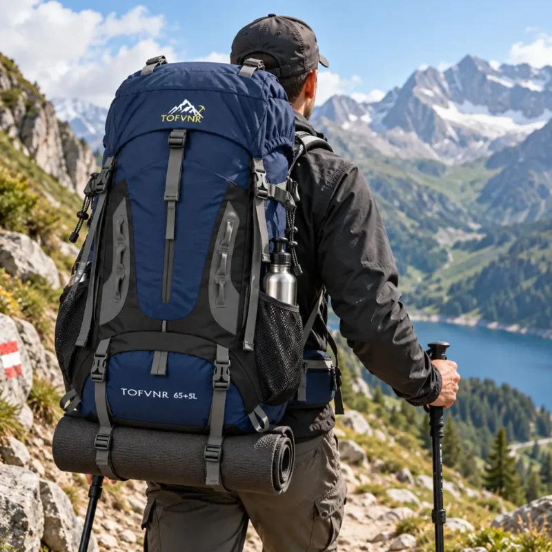 Sac à dos 70L porté pendant une randonnée en montagne