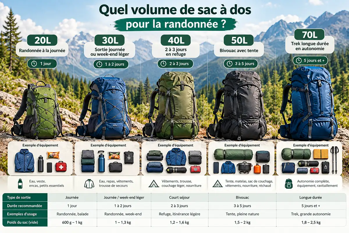 Quel volume de sac à dos randonnée choisir : comparatif 20L à 70L