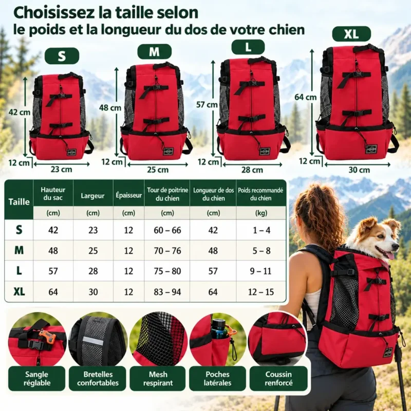Sac porte chien randonnée avec tailles S M L XL et caractéristiques