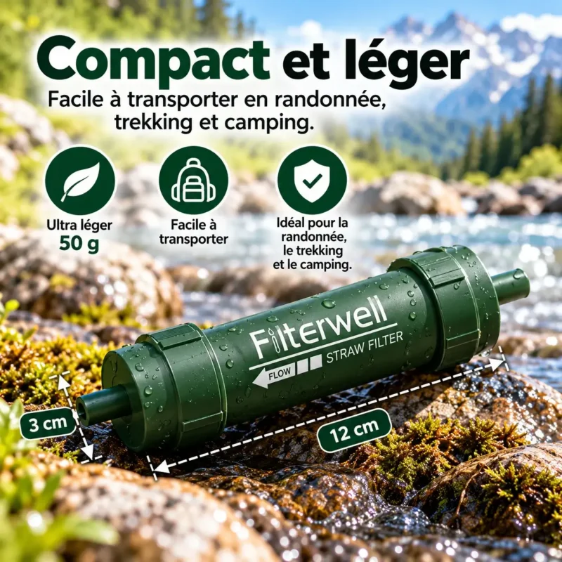 Filtre à eau randonnée compact et léger pour trekking, camping et bivouac