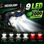 Lampe frontale puissante 9 LED 2000 lumens