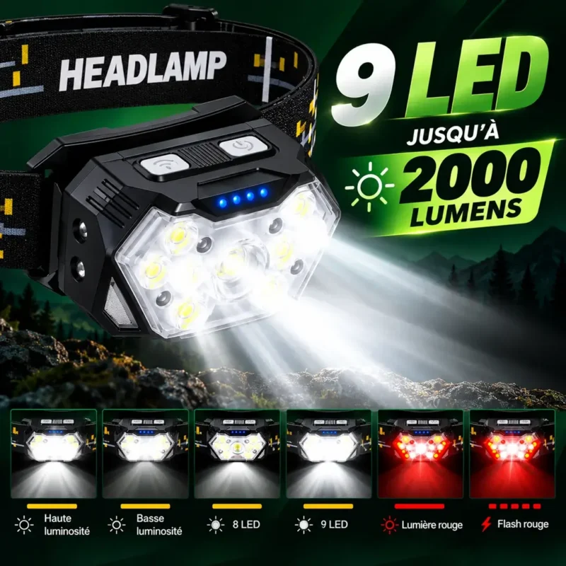 Lampe frontale puissante 9 LED 2000 lumens
