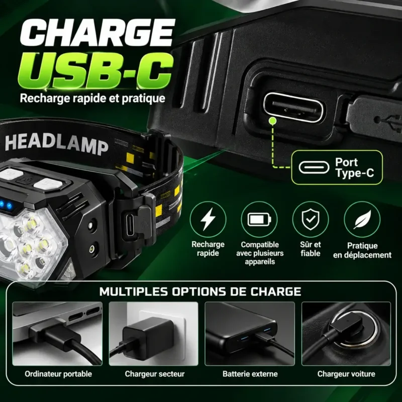 Lampe frontale rechargeable USB Type-C