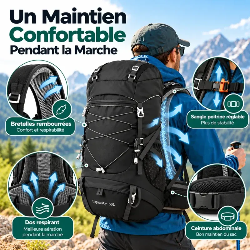 Sac à dos randonnée 50L avec bretelles et ceinture abdominale rembourrées