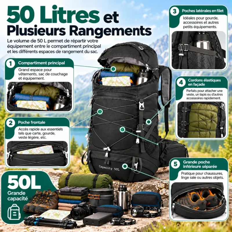 Sac à dos randonnée 50L multipoches avec compartiments et rangements