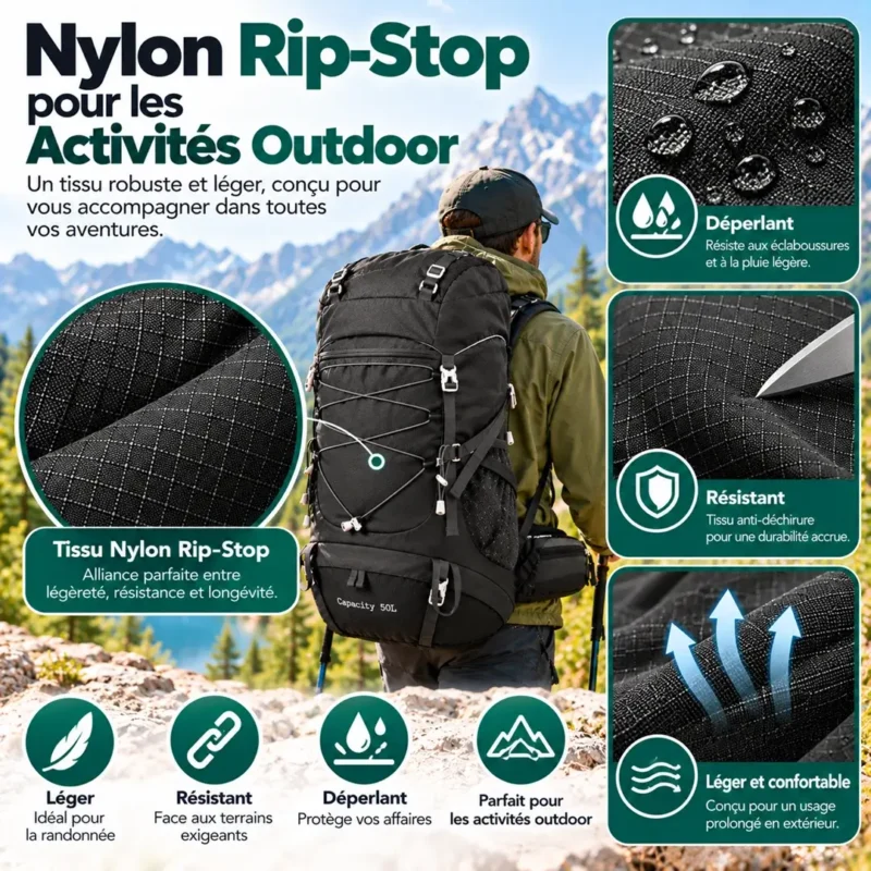 Sac à dos randonnée 50L en nylon Rip-Stop pour activités outdoor
