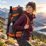 Sac à dos randonnée 70 L + 5 L porté par une femme en montagne