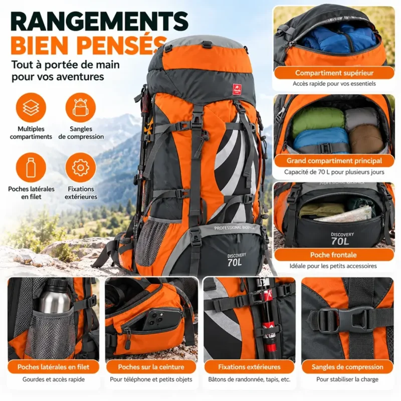 Compartiments et rangements du sac à dos randonnée 70 L