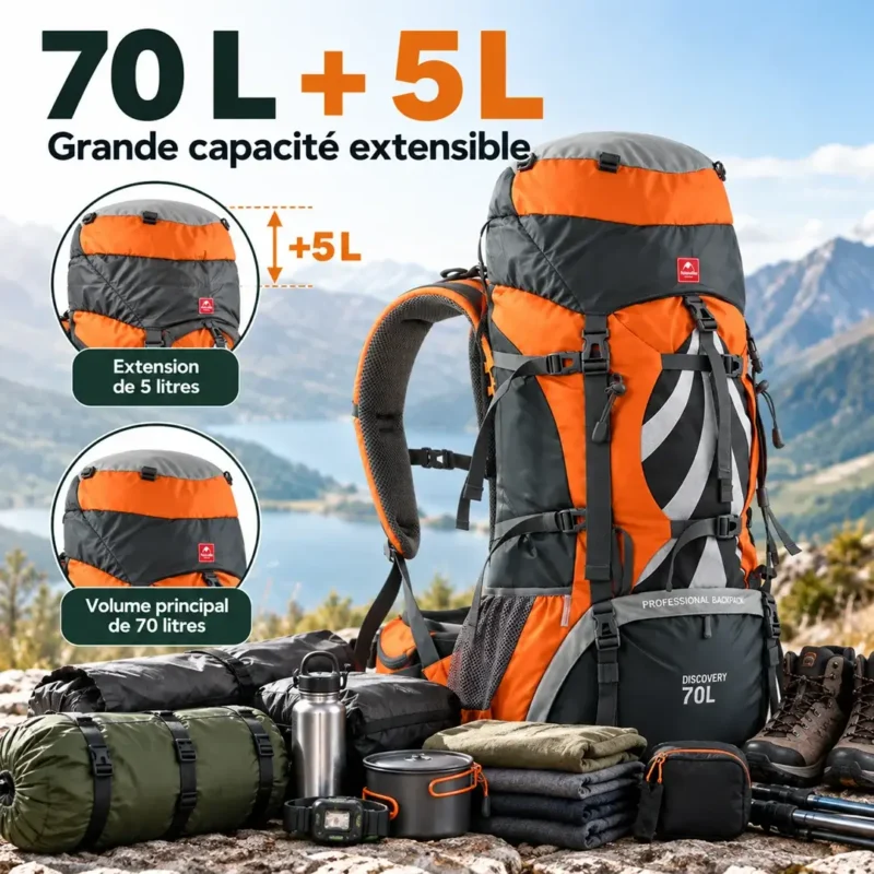 Sac à dos randonnée extensible 70 L + 5 L pour trekking et bivouac