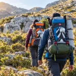 Deux randonneurs avec sacs à dos trekking 70 L + 5 L en montagne