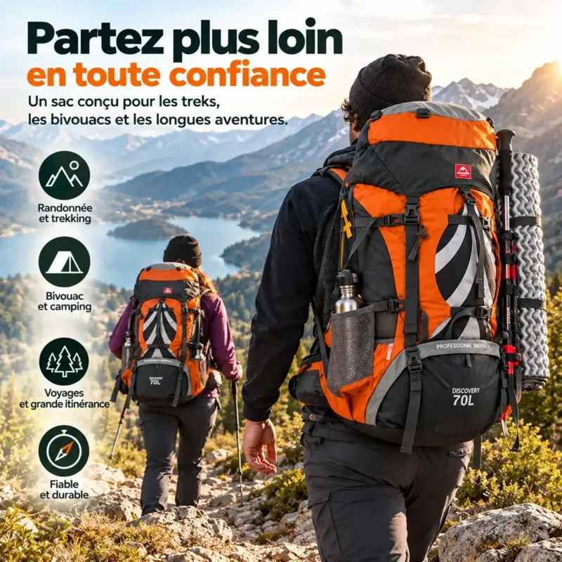 Sac à dos trekking 70 L + 5 L pour randonnée, bivouac et camping